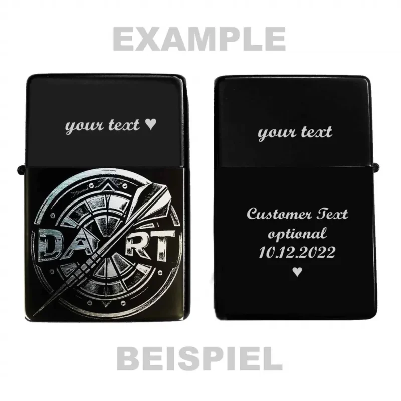Beidseitig personalisierbares Feuerzeug mit Dart-Motiv und optionaler Gravur