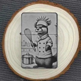 Koch-Otter-Feuerzeug mit lustigem Design, Otter in Kochkleidung, dekorativ auf Holzscheibe präsentiert, perfektes Geschenk für Küchenfans