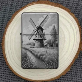 Windmühlen-Feuerzeug auf dekorativer Holzscheibe – ideales Geschenk