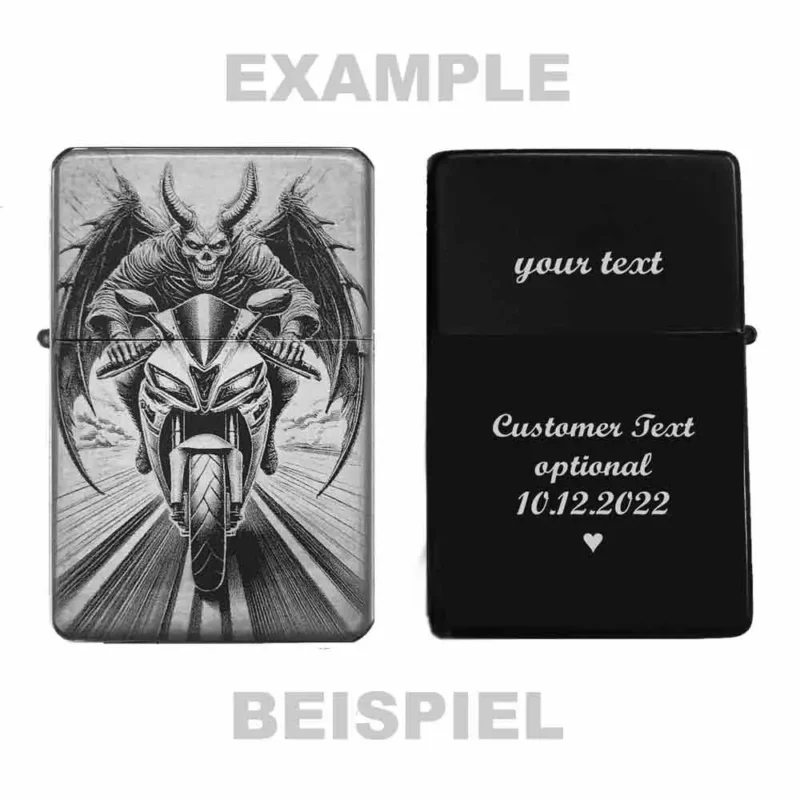 Beispiel für individuelle Gravur auf Rückseite eines Feuerzeugs mit Diablo-Biker-Motiv