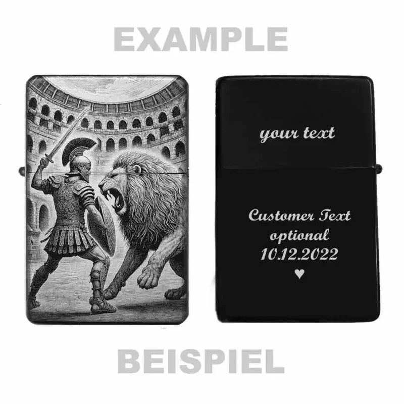 Beispiel für individuelle Gravur auf Rückseite eines Feuerzeugs mit Gladiator-Motiv