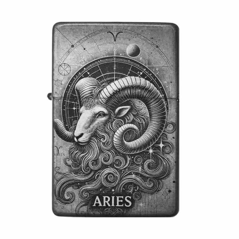 Feuerzeug mit majestätischer Gravur des Sternzeichens Widder und astrologischem Muster