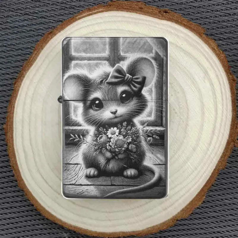 Detailreich graviertes Maus Feuerzeug mit Blumendesign auf Holzunterlage