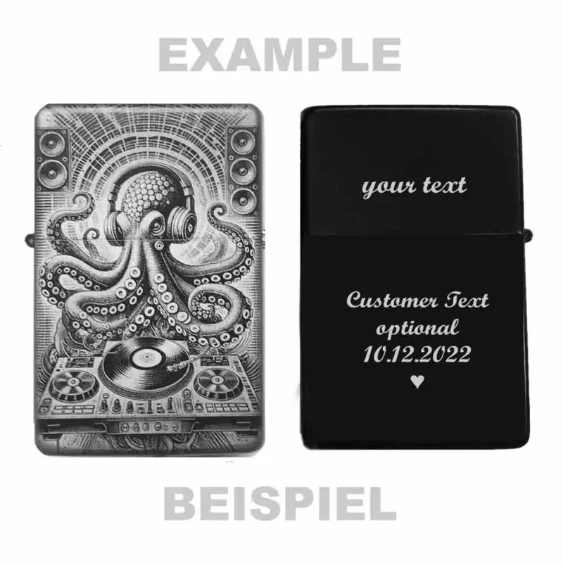 Individuell gravierbares Feuerzeug mit witzigem DJ-Oktopus-Motiv – Beispiel mit Wunschtext