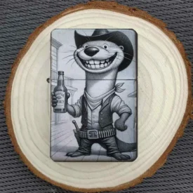 Personalisierbares Otter-Cowboy-Feuerzeug auf Holzunterlage – Lustiges Westernmotiv mit detailreicher Gravur für Tier- und Cowboy-Fans