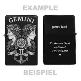 Personalisierbares Gemini Feuerzeug mit Gravur und Beispieltext auf Rückseite