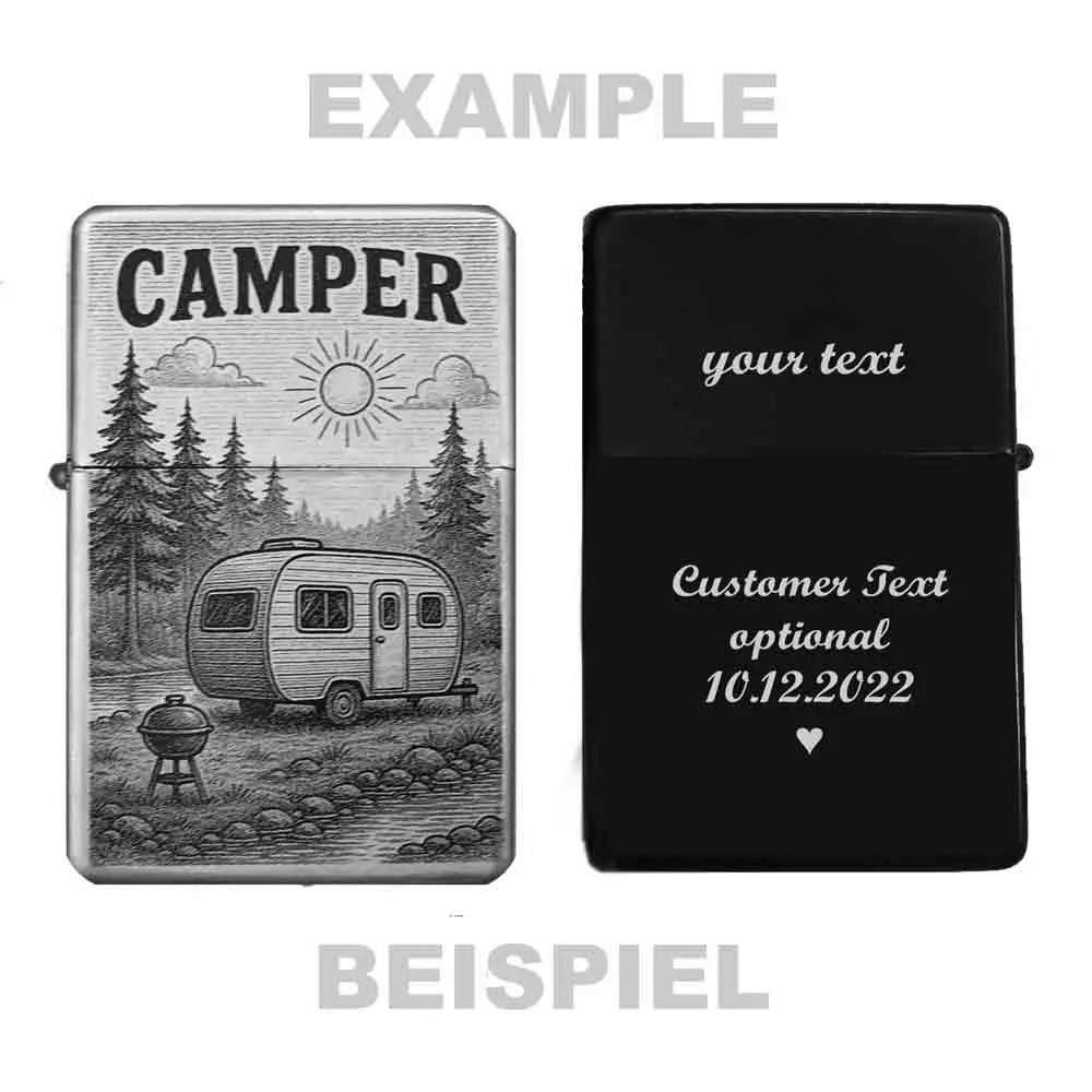 Camper Feuerzeug personalisiert – Gravurtext und Datum individuell