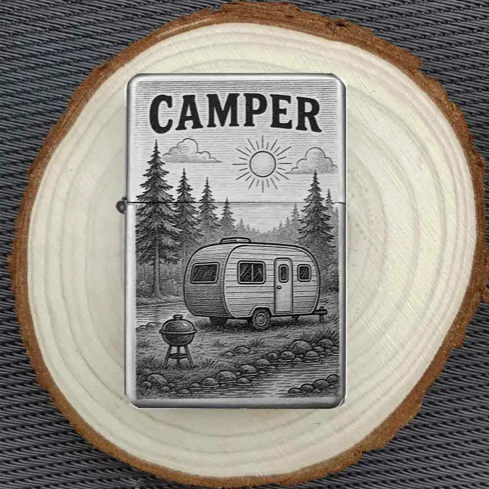 Wohnwagen Gravurfeuerzeug als Geschenk für Camping-Fans auf Holzscheibe