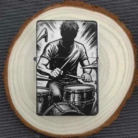 Feuerzeug mit Trommler-Motiv auf Holzscheibe – ideales Geschenk für Musiker