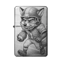 Graviertes Feuerzeug mit Football spielendem Fuchs – cooles Sportmotiv mit Helm und Ball