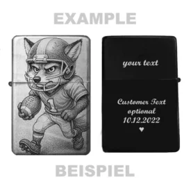 Beispiel für personalisiertes Football-Feuerzeug mit Fuchs und Gravurtext auf der Rückseite