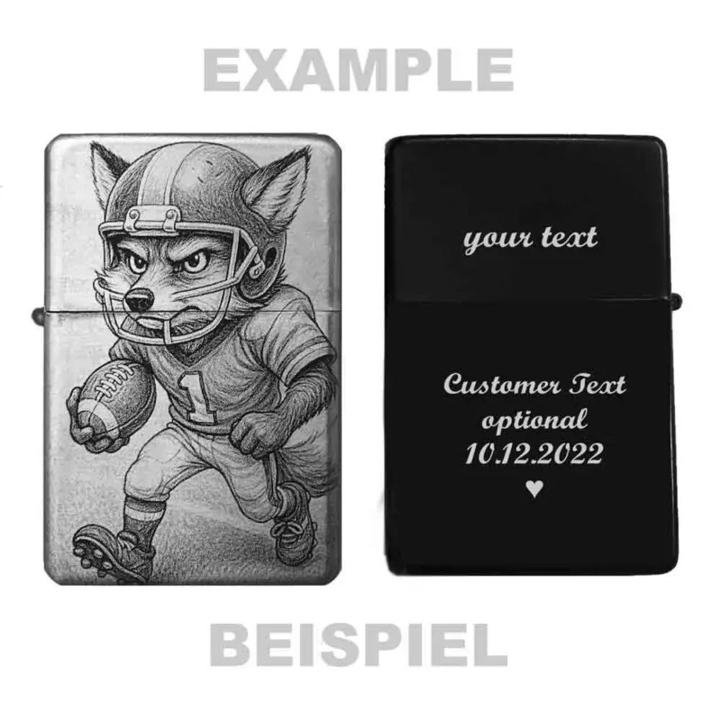 Beispiel für personalisiertes Football-Feuerzeug mit Fuchs und Gravurtext auf der Rückseite