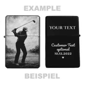 Beispiel Gravur Golf Feuerzeug personalisiert mit Wunschtext und Datum