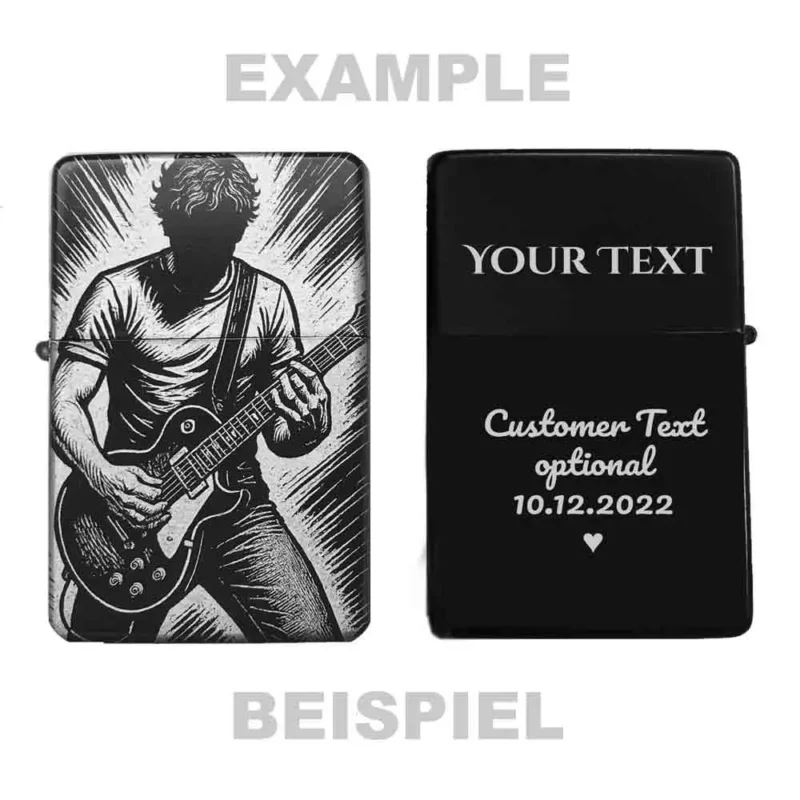 Gitarrenspieler auf Feuerzeug graviert – Geschenk für Musikliebhaber