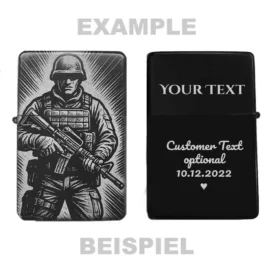 Militärisches Design auf Feuerzeug – Soldat mit Waffe, personalisierbar