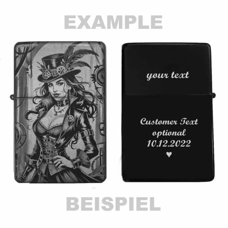 Steampunk Feuerzeug mit Beispielgravur auf Rückseite – individuell personalisierbar
