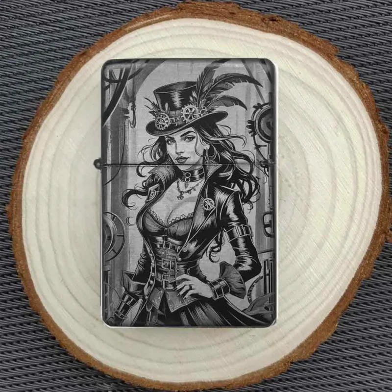 Steampunk Lady Feuerzeug auf Holzscheibe – ausgefallenes Geschenk mit Gravur für Frauen