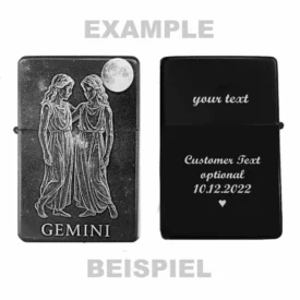 Feuerzeug mit Zwillinge Gravur und Beispiel für individuelle Rückseitengravur – Geschenk für Sternzeichen-Fans