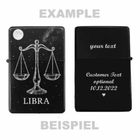 Libra Feuerzeug mit Waage Gravur – personalisierbar mit Beispielgravur auf der Rückseite