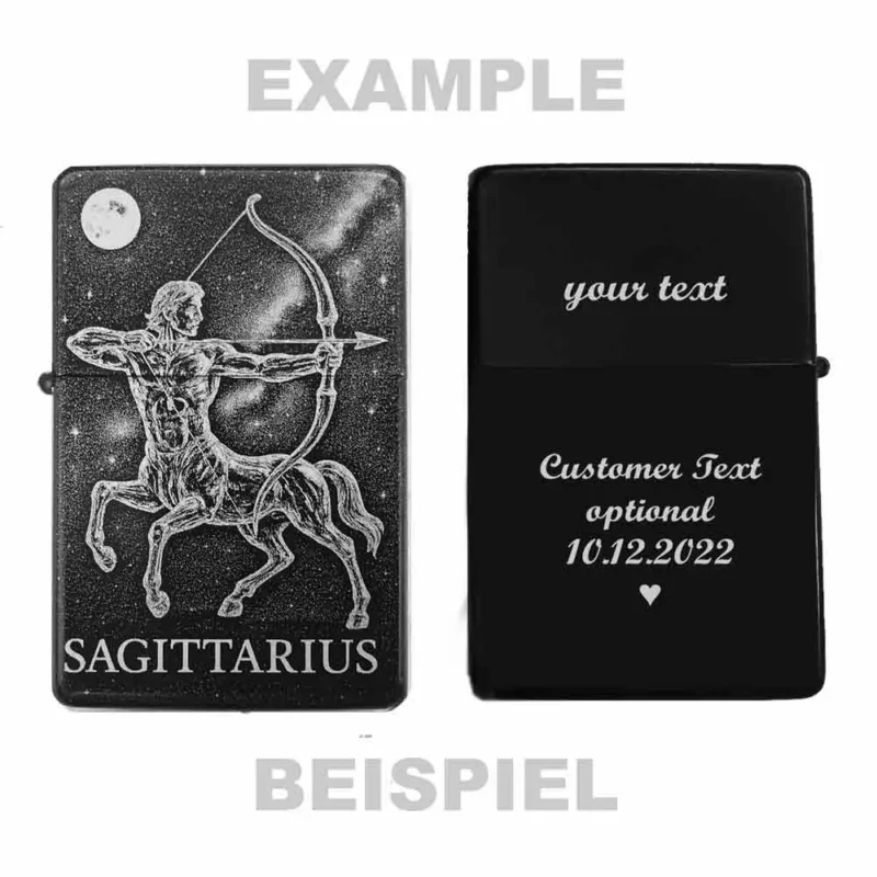 Sagittarius Feuerzeug mit Zentaur Gravur – Beispiel für Gravuroption auf der Rückseite