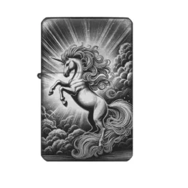 Majestätisches Einhorn Feuerzeug – detailreiche Gravur mit Lichtstrahlen und Wolkenmotiv