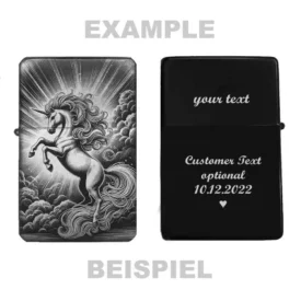 Einhorn Feuerzeug mit personalisierbarer Rückseite – Beispielgravur mit Text und Datum