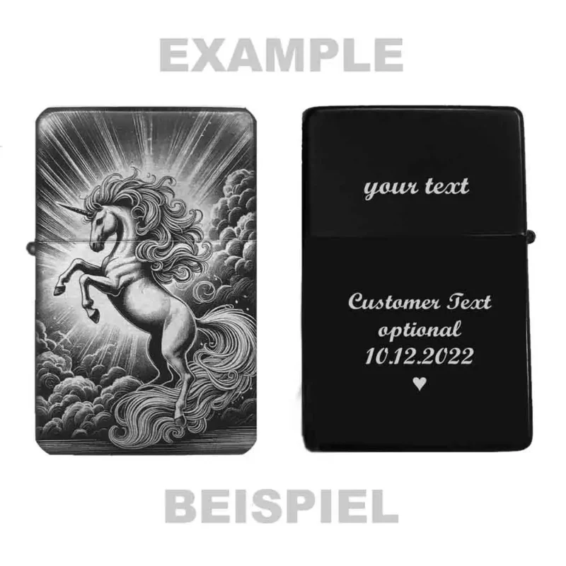 Einhorn Feuerzeug mit personalisierbarer Rückseite – Beispielgravur mit Text und Datum