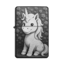 Süßes Einhorn Feuerzeug mit Rosenhintergrund – Cartoon-Stil für Kinder und Einhorn-Fans