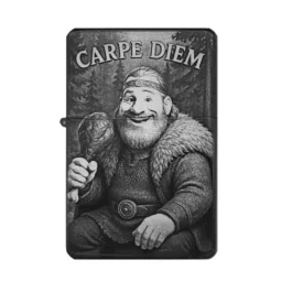 Viking Feuerzeug mit Carpe Diem Gravur – fröhlicher Wikinger mit Hähnchenkeule