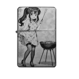 Anime Mädchen mit Grill – personalisiertes Feuerzeug mit witzigem BBQ-Motiv