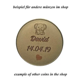 Beispielmünze mit Elefantenmotiv, Name David und Geburtsdatum – personalisiert