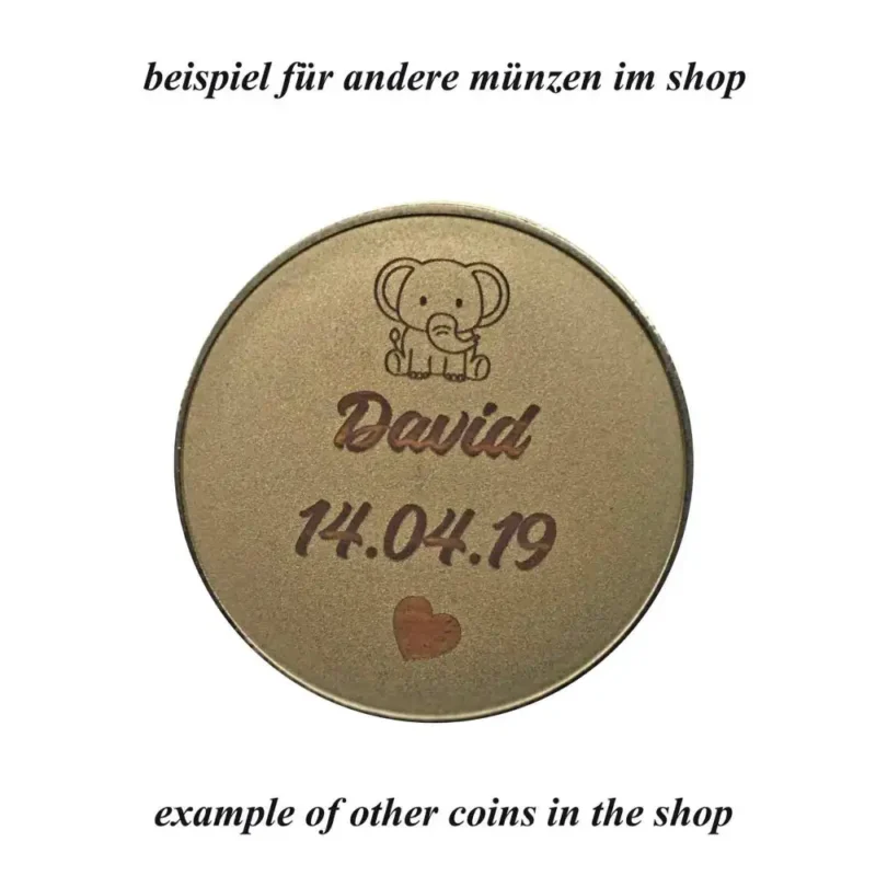 Beispielmünze mit Elefantenmotiv, Name David und Geburtsdatum – personalisiert