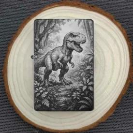 Personalisiertes T-Rex Feuerzeug auf Holzplatte fotografiert
