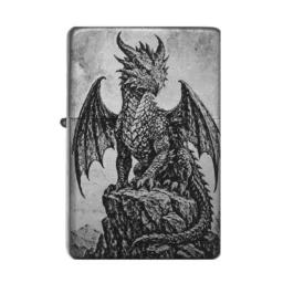 Drachen Feuerzeug mit Gravur – majestätisches Fantasy-Motiv auf Felsen