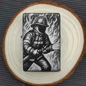 Feuerzeug mit graviertem Feuerwehrmann-Motiv auf Holzuntergrund