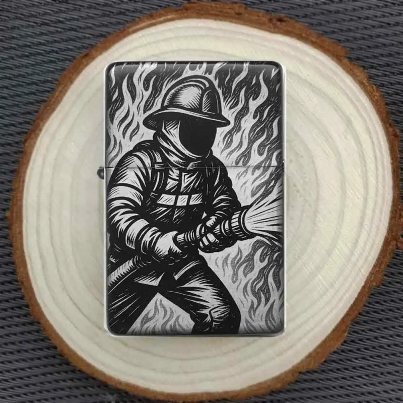 Feuerzeug mit graviertem Feuerwehrmann-Motiv auf Holzuntergrund