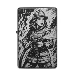 Feuerzeug mit Comic-Feuerwehrfrau – Motiv einer Frau mit Löschschlauch vor Flammen