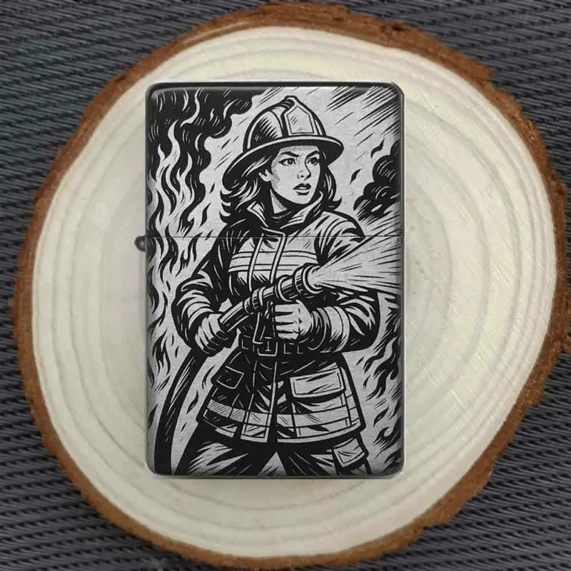 Comic-Feuerwehrfrau Feuerzeug dekorativ auf Holzscheibe präsentiert