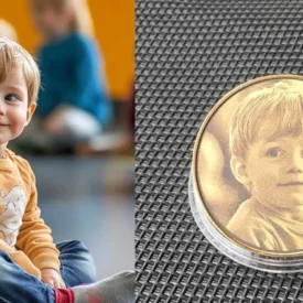 Vergleichsbild von Kind und Fotomünze – Beispiel für detailgetreue Gravur
