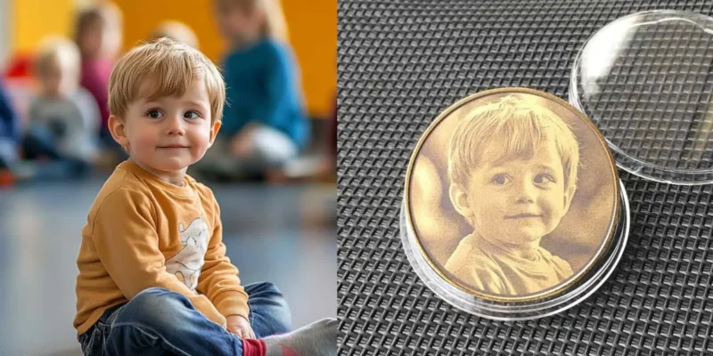 Vergleichsbild von Kind und Fotomünze – Beispiel für detailgetreue Gravur