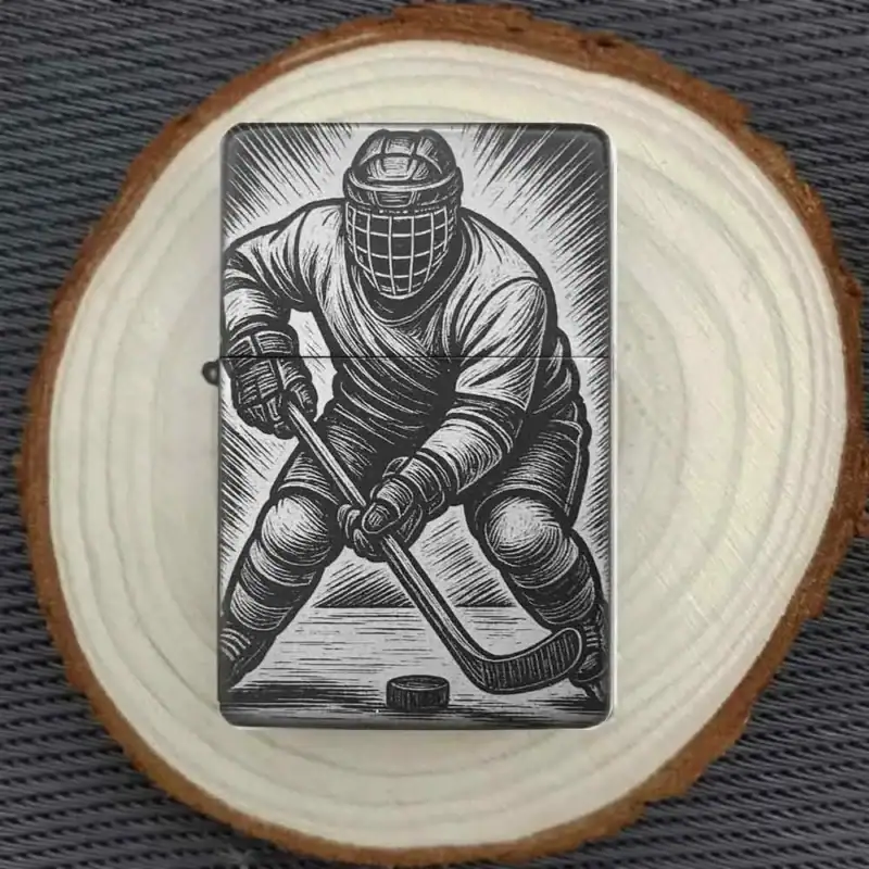 Eishockey Gravur Feuerzeug auf Holzunterlage präsentiert