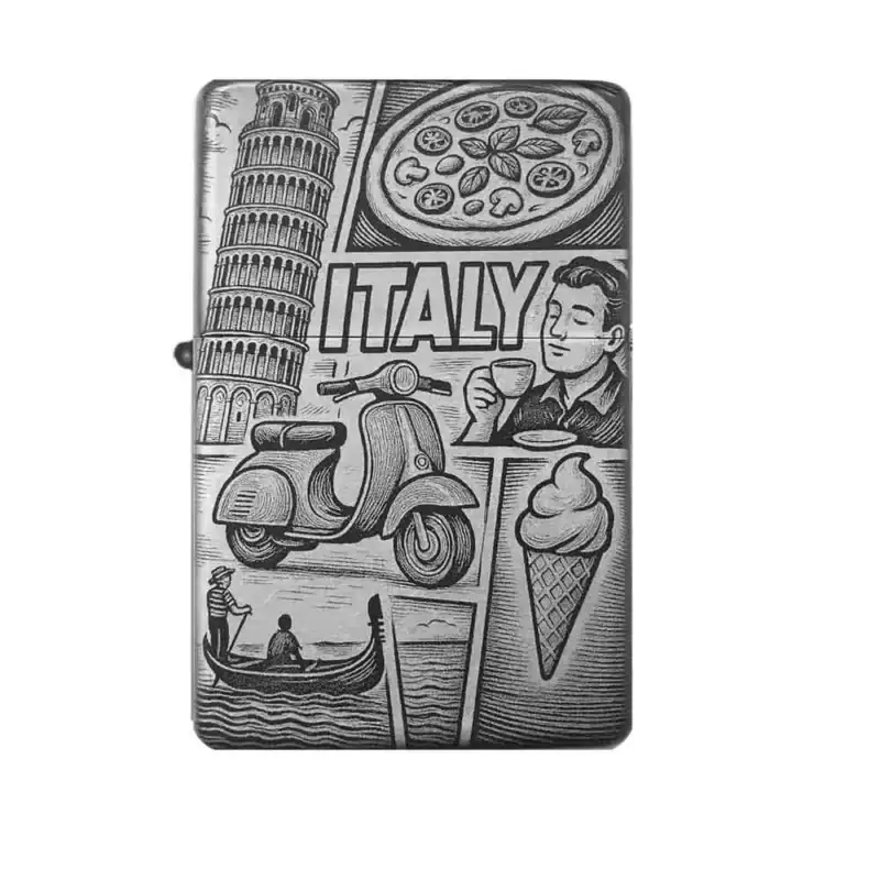 Italien-Feuerzeug mit Pizza, Roller & Kaffee – Dolce Vita Gravur