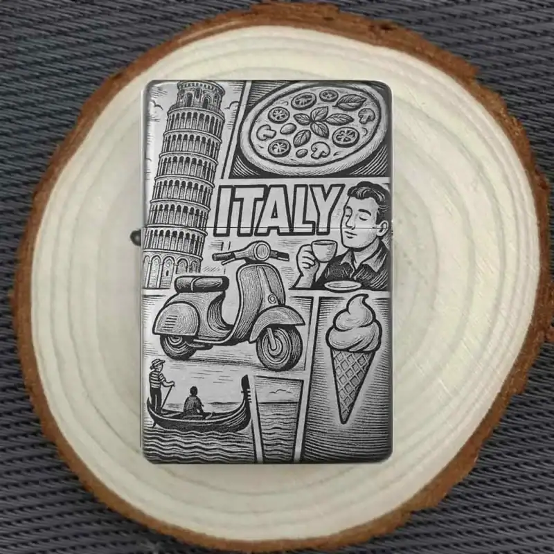 Italienisches Motiv-Feuerzeug mit Gravur auf Holzunterlage