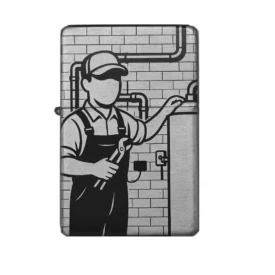 Feuerzeug mit Klempner Comic-Design – Handwerker mit Werkzeug vor Wand mit Rohren