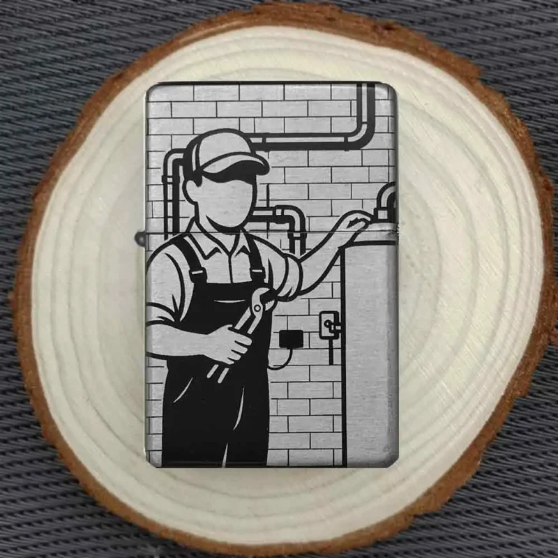 Klempner-Motiv Feuerzeug auf Holzscheibe zur Präsentation fotografiert