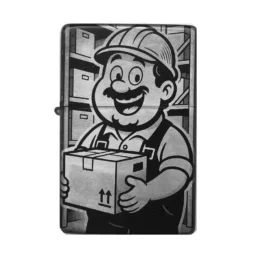 Comic-Feuerzeug mit Lagerist – lachender Mann mit Paket im Lagerumfeld