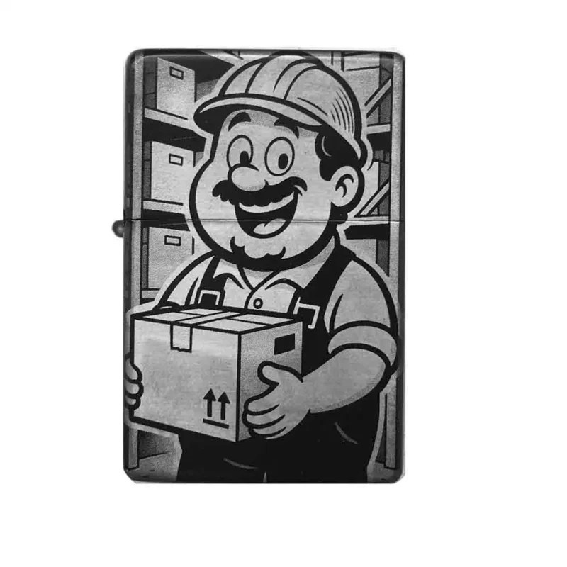 Comic-Feuerzeug mit Lagerist – lachender Mann mit Paket im Lagerumfeld