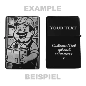 Gravurbeispiel Rückseite – Feuerzeug mit Lagerarbeiter Comic-Motiv personalisierbar