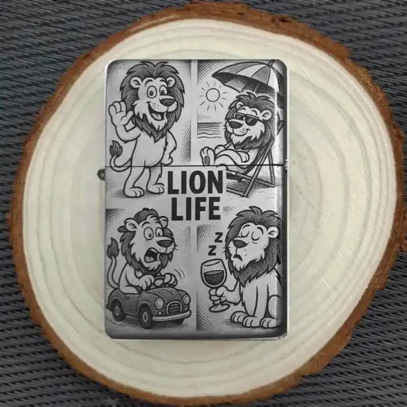 Lustiges Comic-Löwen Feuerzeug auf Holzscheibe dekoriert