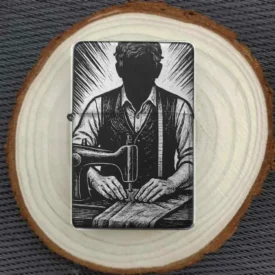 Feuerzeug mit Gravur eines Schneiders beim Nähen – edles Geschenk für Handwerker
